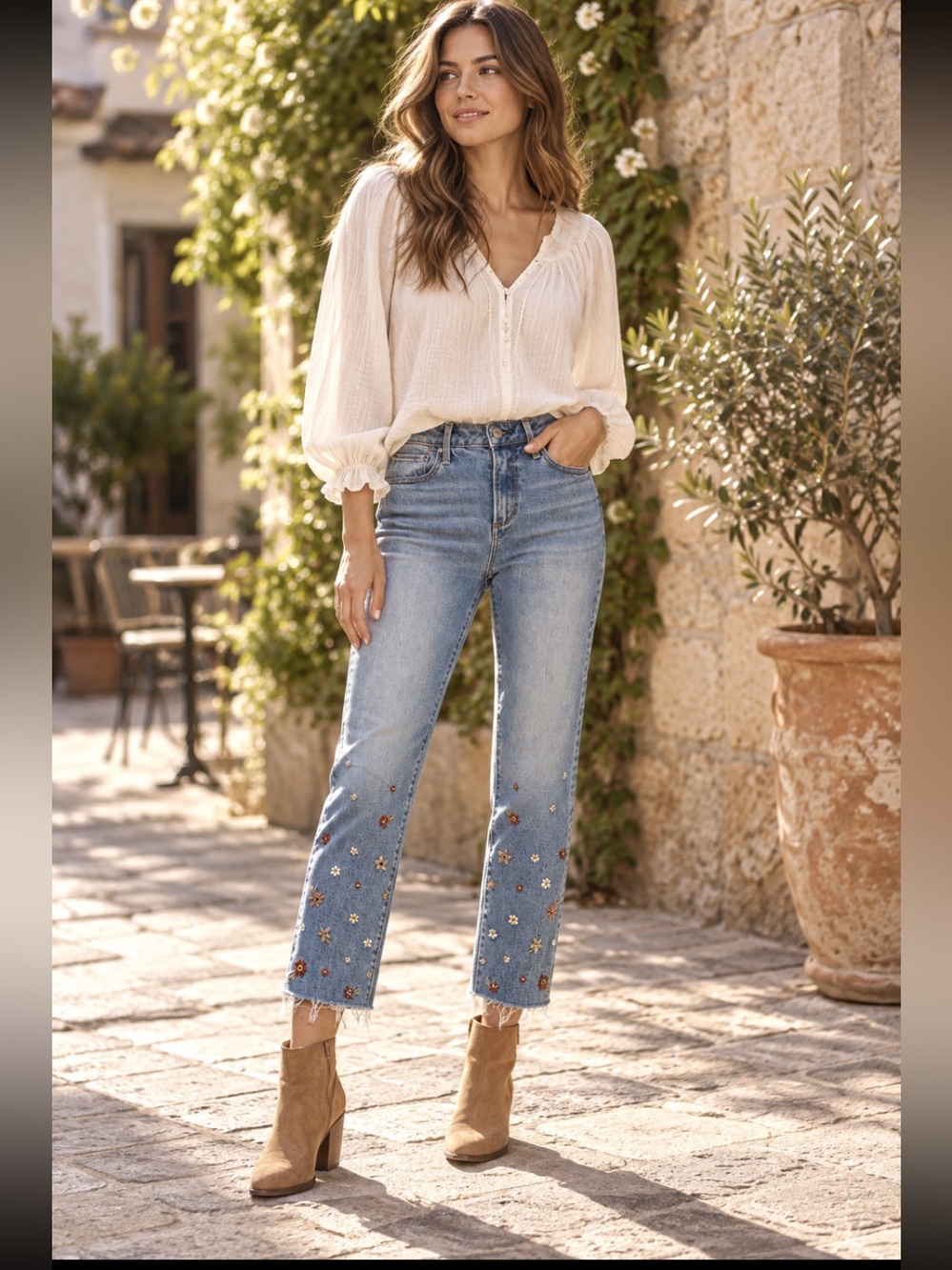 Driftwood Floral Embroidered Gold Stud Raw Hem Straight Jeans 26